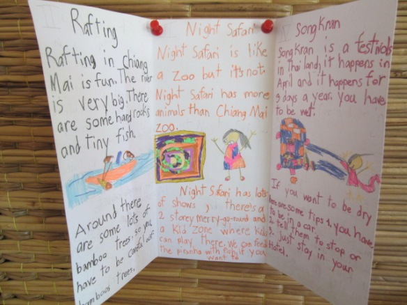 Starting the new school year in May, my students wrote brochures on what they like to do in Chiang Mai province. This student gives clever tips on how to stay dry during Songkran.